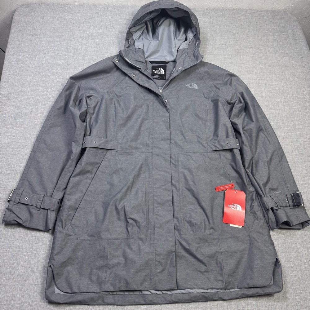 The North Face Rain Trench Coat Womens L Gray Hooded Waterproof Mid-Length Lined